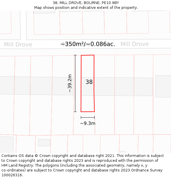 38, MILL DROVE, BOURNE, PE10 9BY: Plot and title map