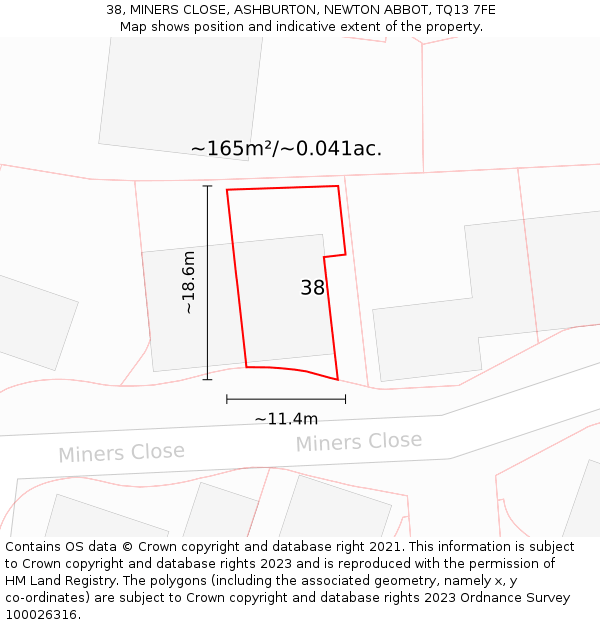 38, MINERS CLOSE, ASHBURTON, NEWTON ABBOT, TQ13 7FE: Plot and title map