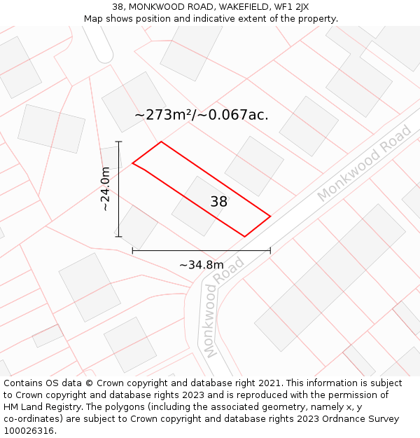 38, MONKWOOD ROAD, WAKEFIELD, WF1 2JX: Plot and title map