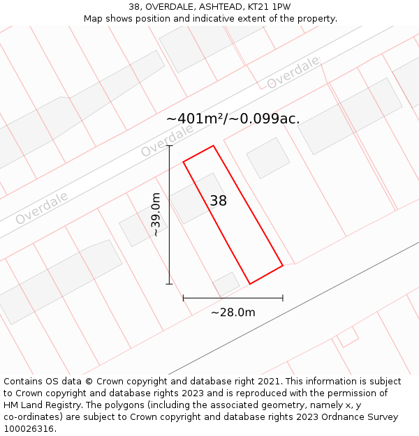 38, OVERDALE, ASHTEAD, KT21 1PW: Plot and title map