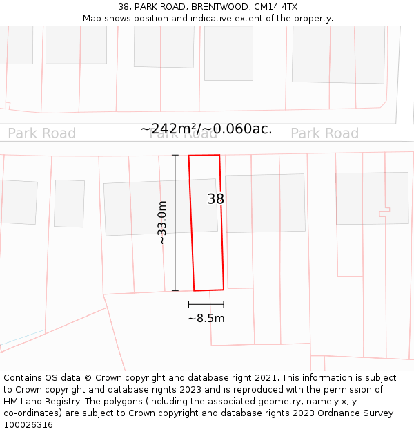 38, PARK ROAD, BRENTWOOD, CM14 4TX: Plot and title map