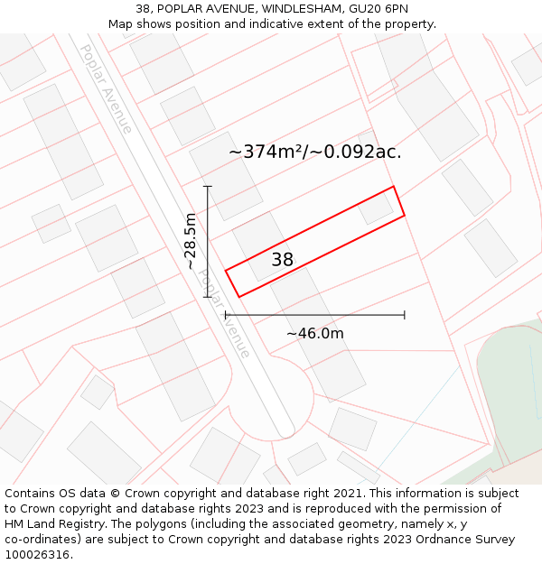 38, POPLAR AVENUE, WINDLESHAM, GU20 6PN: Plot and title map