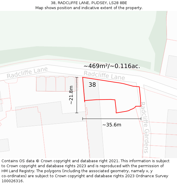 38, RADCLIFFE LANE, PUDSEY, LS28 8BE: Plot and title map