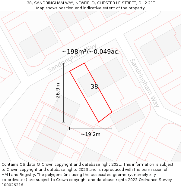 38, SANDRINGHAM WAY, NEWFIELD, CHESTER LE STREET, DH2 2FE: Plot and title map