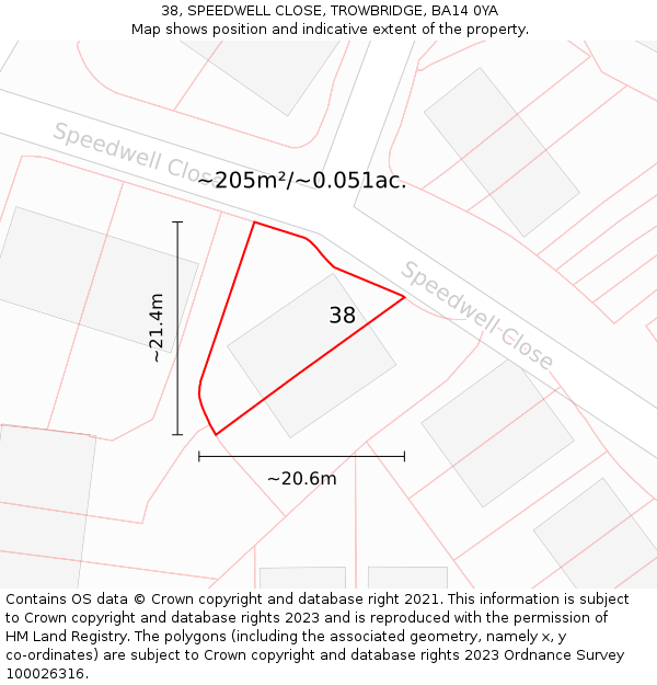 38, SPEEDWELL CLOSE, TROWBRIDGE, BA14 0YA: Plot and title map