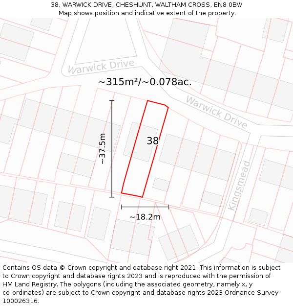 38, WARWICK DRIVE, CHESHUNT, WALTHAM CROSS, EN8 0BW: Plot and title map