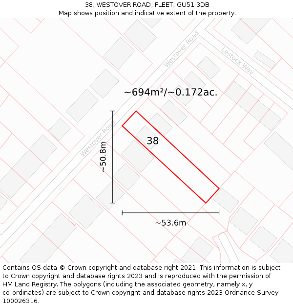 38, WESTOVER ROAD, FLEET, GU51 3DB: Plot and title map