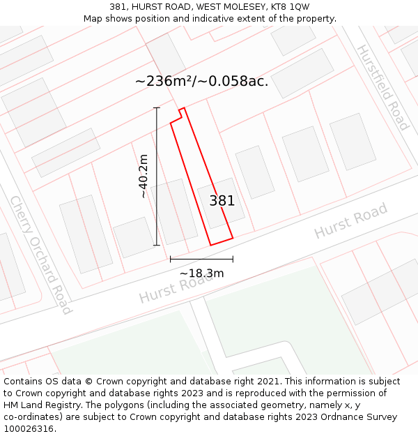 381, HURST ROAD, WEST MOLESEY, KT8 1QW: Plot and title map