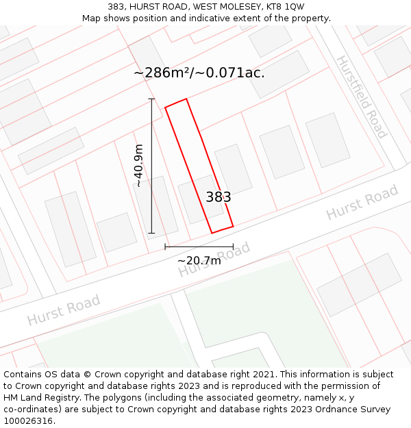 383, HURST ROAD, WEST MOLESEY, KT8 1QW: Plot and title map