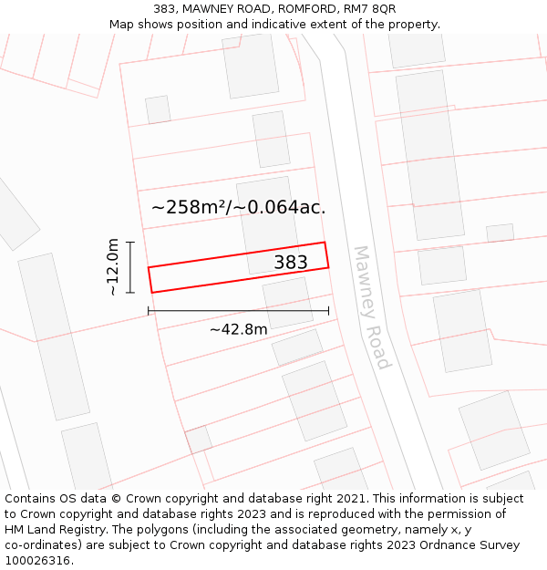 383, MAWNEY ROAD, ROMFORD, RM7 8QR: Plot and title map