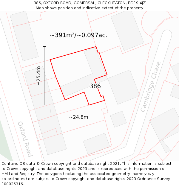 386, OXFORD ROAD, GOMERSAL, CLECKHEATON, BD19 4JZ: Plot and title map