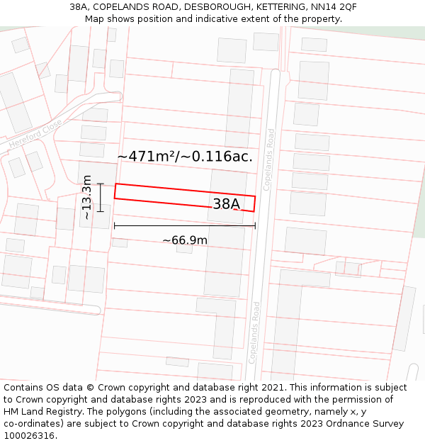 38A, COPELANDS ROAD, DESBOROUGH, KETTERING, NN14 2QF: Plot and title map