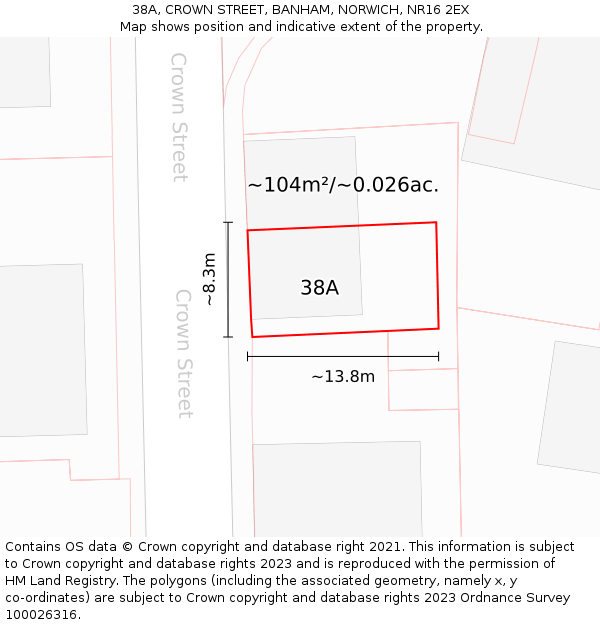 38A, CROWN STREET, BANHAM, NORWICH, NR16 2EX: Plot and title map