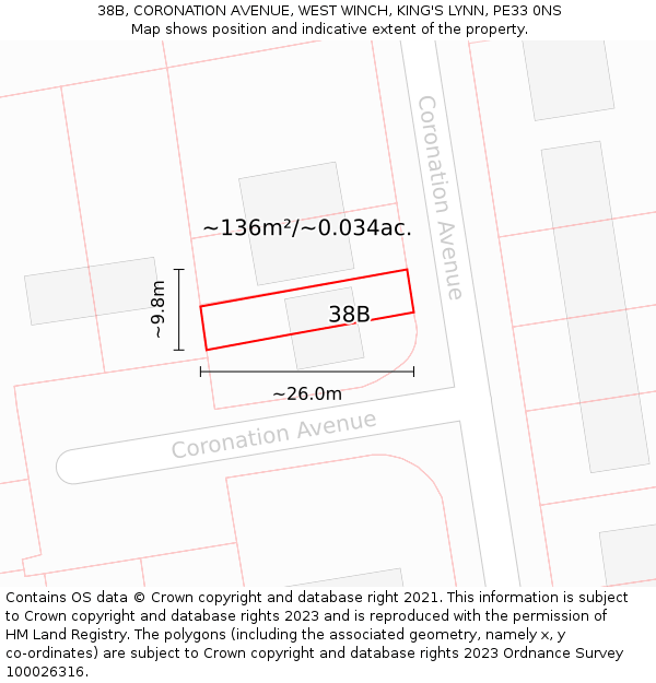 38B, CORONATION AVENUE, WEST WINCH, KING'S LYNN, PE33 0NS: Plot and title map