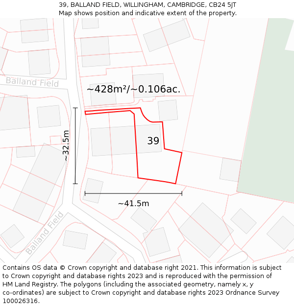 39, BALLAND FIELD, WILLINGHAM, CAMBRIDGE, CB24 5JT: Plot and title map