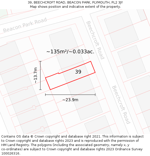 39, BEECHCROFT ROAD, BEACON PARK, PLYMOUTH, PL2 3JY: Plot and title map