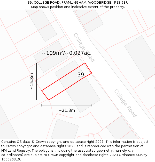 39, COLLEGE ROAD, FRAMLINGHAM, WOODBRIDGE, IP13 9ER: Plot and title map