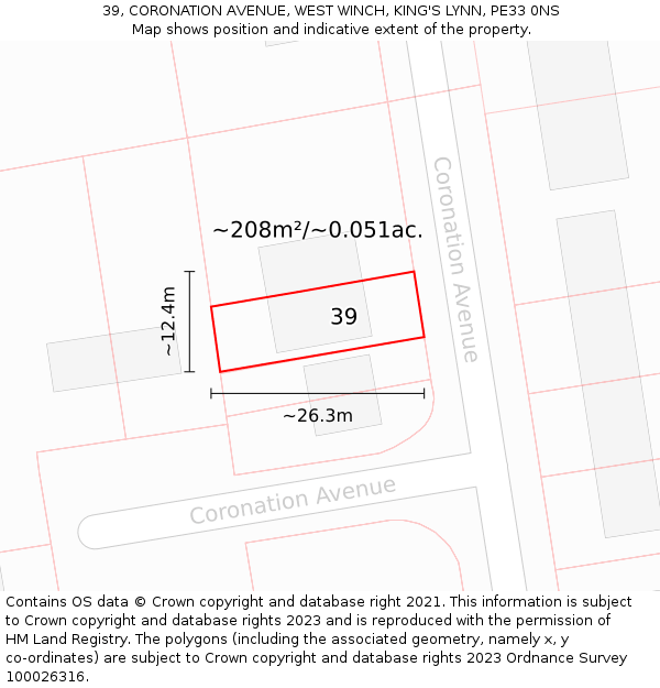 39, CORONATION AVENUE, WEST WINCH, KING'S LYNN, PE33 0NS: Plot and title map