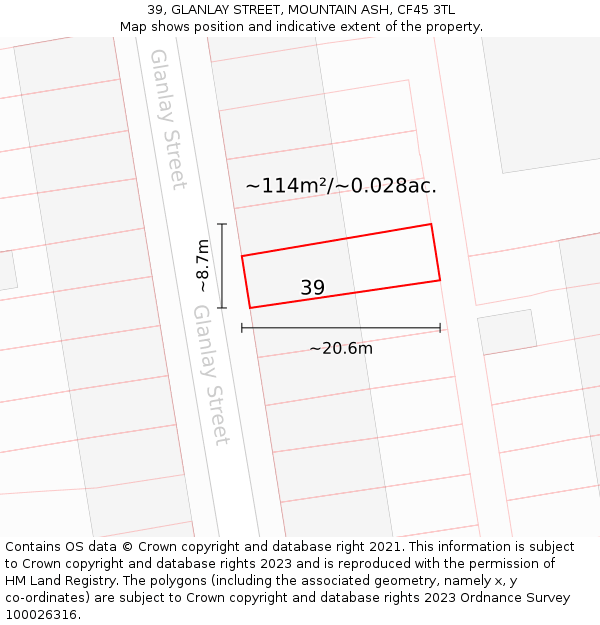 39, GLANLAY STREET, MOUNTAIN ASH, CF45 3TL: Plot and title map