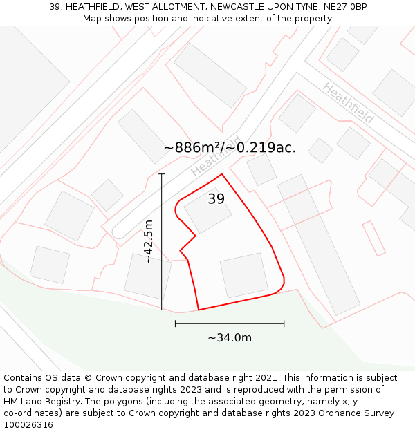 39, HEATHFIELD, WEST ALLOTMENT, NEWCASTLE UPON TYNE, NE27 0BP: Plot and title map