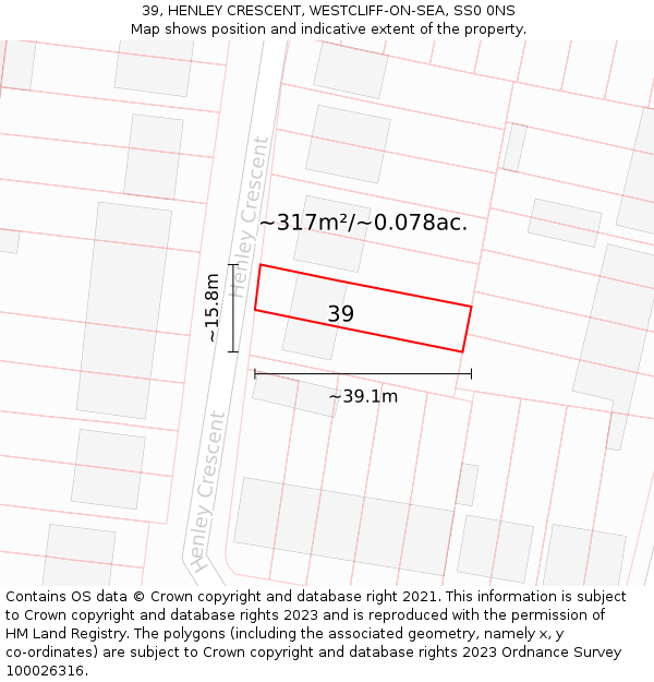 39, HENLEY CRESCENT, WESTCLIFF-ON-SEA, SS0 0NS: Plot and title map