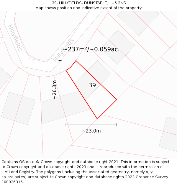 39, HILLYFIELDS, DUNSTABLE, LU6 3NS: Plot and title map