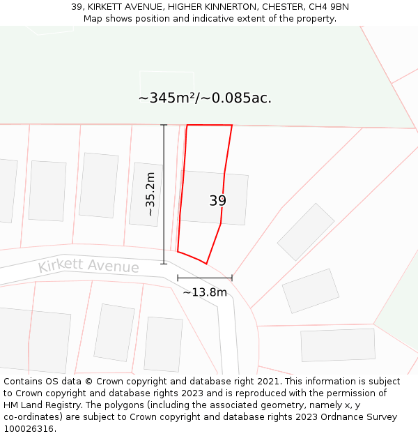 39, KIRKETT AVENUE, HIGHER KINNERTON, CHESTER, CH4 9BN: Plot and title map