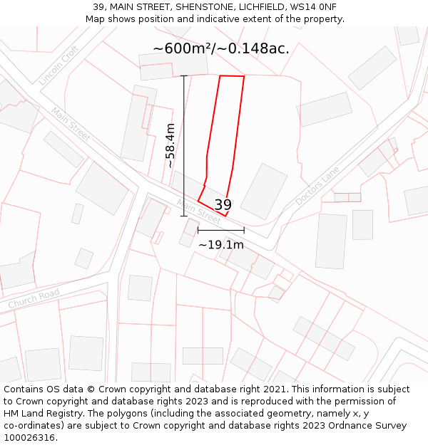 39, MAIN STREET, SHENSTONE, LICHFIELD, WS14 0NF: Plot and title map