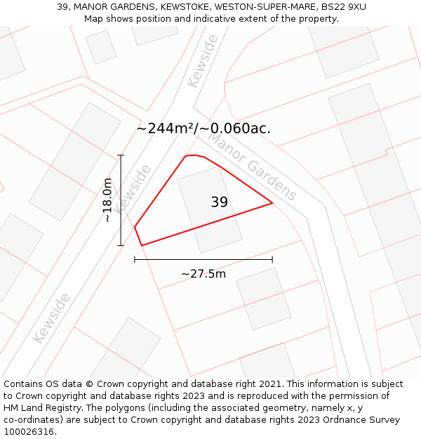 39, MANOR GARDENS, KEWSTOKE, WESTON-SUPER-MARE, BS22 9XU: Plot and title map