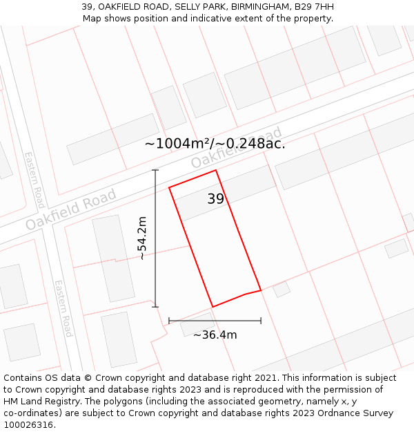 39, OAKFIELD ROAD, SELLY PARK, BIRMINGHAM, B29 7HH: Plot and title map