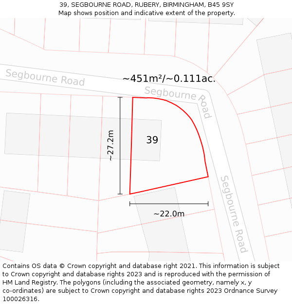 39, SEGBOURNE ROAD, RUBERY, BIRMINGHAM, B45 9SY: Plot and title map