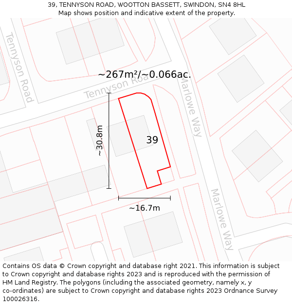 39, TENNYSON ROAD, WOOTTON BASSETT, SWINDON, SN4 8HL: Plot and title map