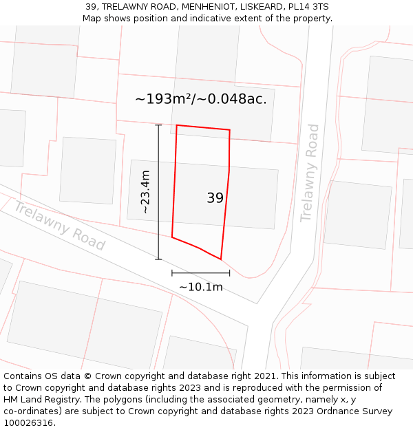 39, TRELAWNY ROAD, MENHENIOT, LISKEARD, PL14 3TS: Plot and title map