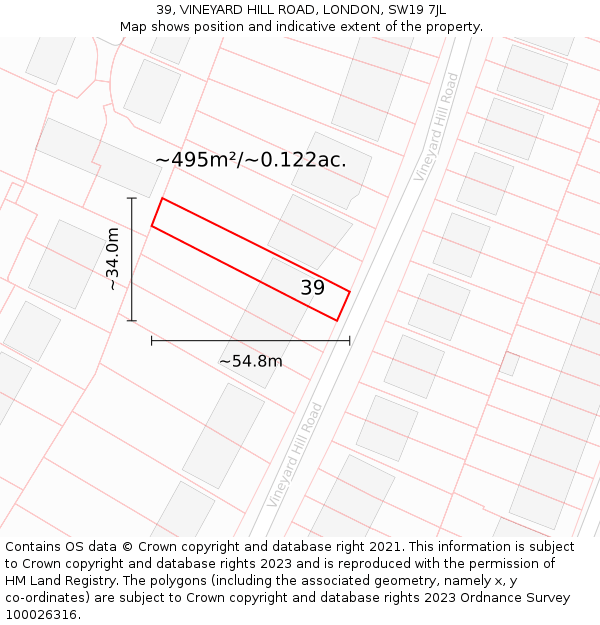 39, VINEYARD HILL ROAD, LONDON, SW19 7JL: Plot and title map