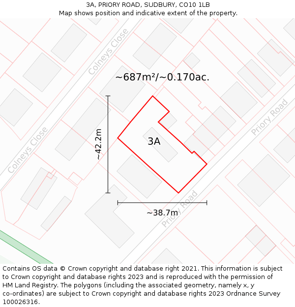 3A, PRIORY ROAD, SUDBURY, CO10 1LB: Plot and title map