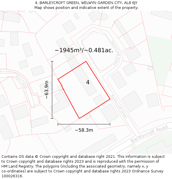 4, BARLEYCROFT GREEN, WELWYN GARDEN CITY, AL8 6JY: Plot and title map