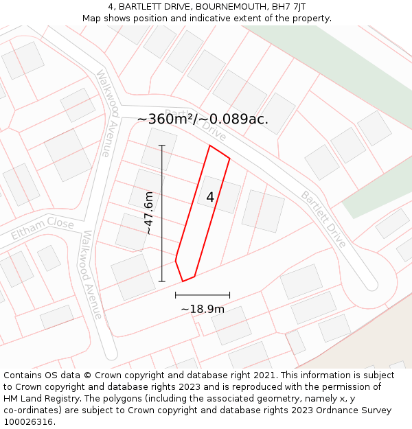 4, BARTLETT DRIVE, BOURNEMOUTH, BH7 7JT: Plot and title map