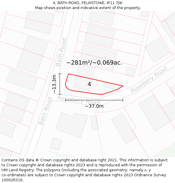 4, BATH ROAD, FELIXSTOWE, IP11 7JW: Plot and title map