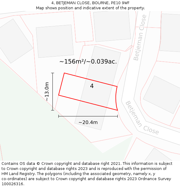 4, BETJEMAN CLOSE, BOURNE, PE10 9WF: Plot and title map