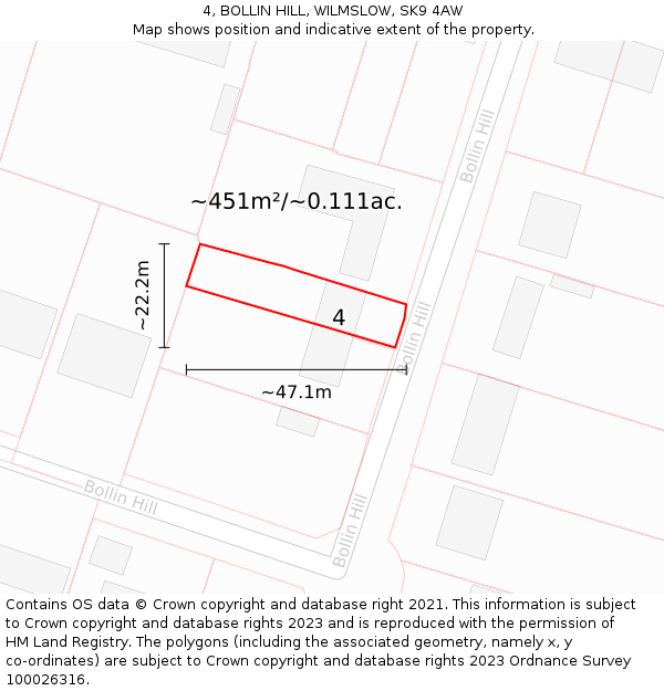 4, BOLLIN HILL, WILMSLOW, SK9 4AW: Plot and title map