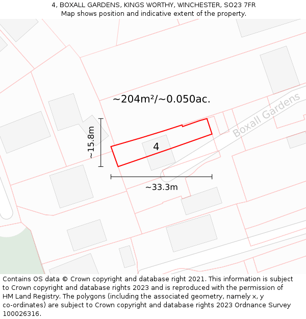 4, BOXALL GARDENS, KINGS WORTHY, WINCHESTER, SO23 7FR: Plot and title map