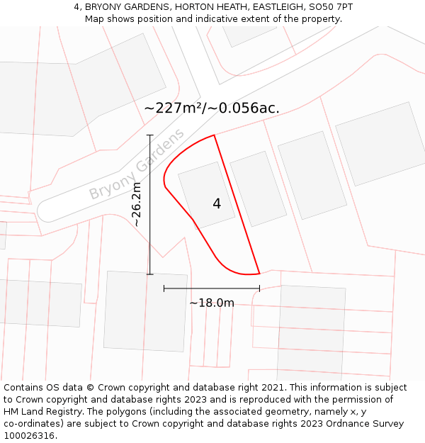 4, BRYONY GARDENS, HORTON HEATH, EASTLEIGH, SO50 7PT: Plot and title map