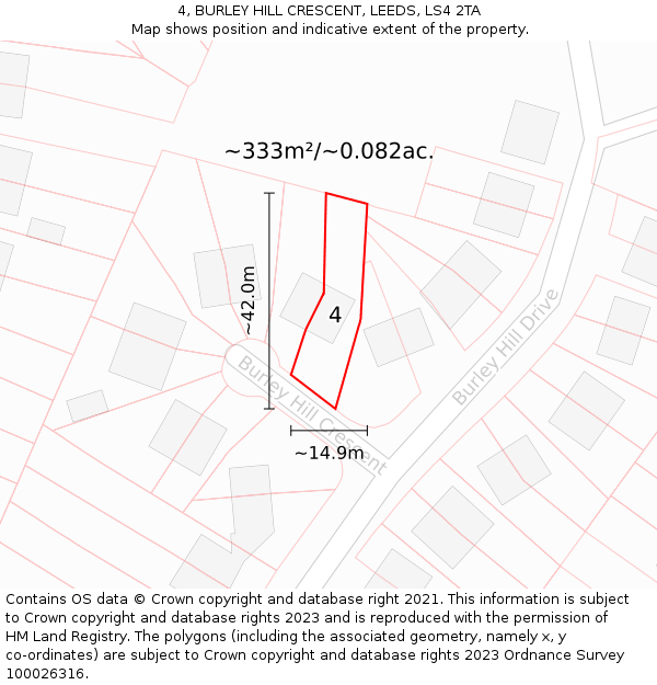 4, BURLEY HILL CRESCENT, LEEDS, LS4 2TA: Plot and title map