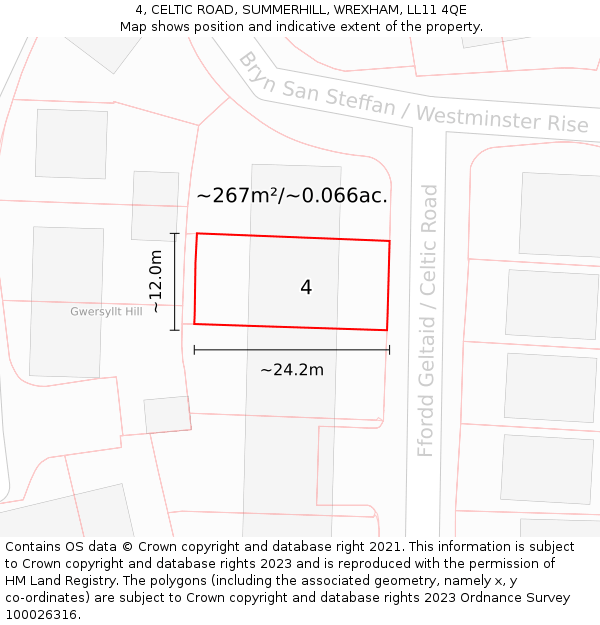 4, CELTIC ROAD, SUMMERHILL, WREXHAM, LL11 4QE: Plot and title map