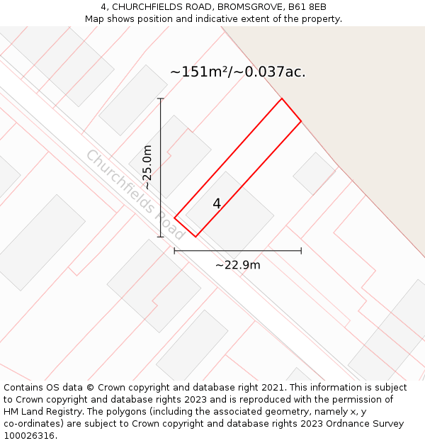 4, CHURCHFIELDS ROAD, BROMSGROVE, B61 8EB: Plot and title map