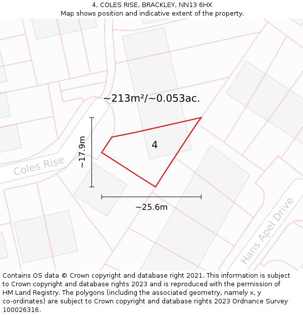 4, COLES RISE, BRACKLEY, NN13 6HX: Plot and title map