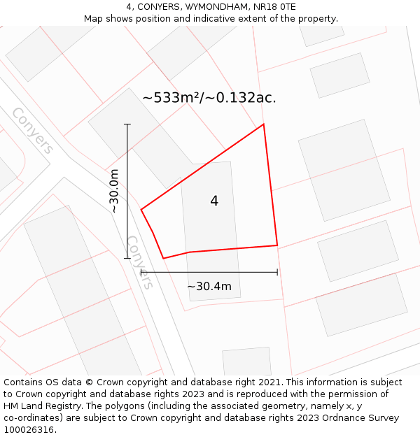 4, CONYERS, WYMONDHAM, NR18 0TE: Plot and title map