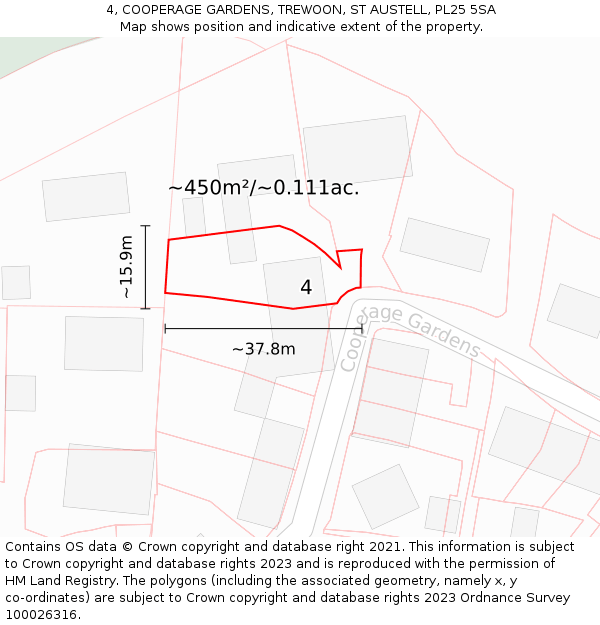 4, COOPERAGE GARDENS, TREWOON, ST AUSTELL, PL25 5SA: Plot and title map