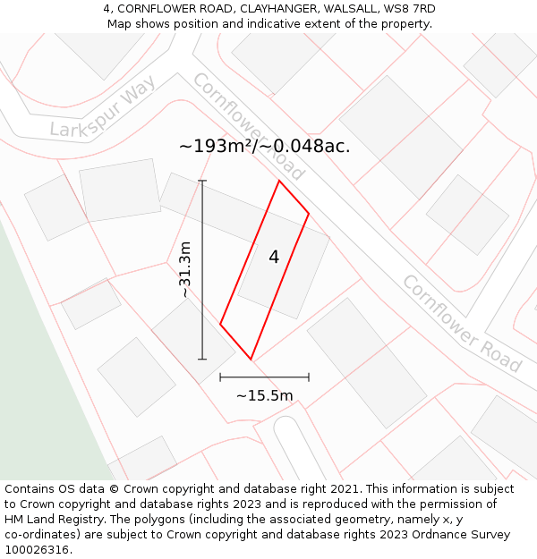 4, CORNFLOWER ROAD, CLAYHANGER, WALSALL, WS8 7RD: Plot and title map