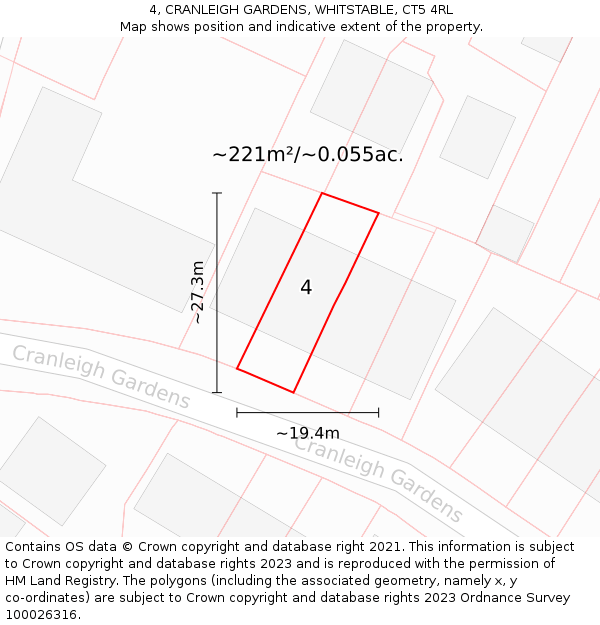 4, CRANLEIGH GARDENS, WHITSTABLE, CT5 4RL: Plot and title map